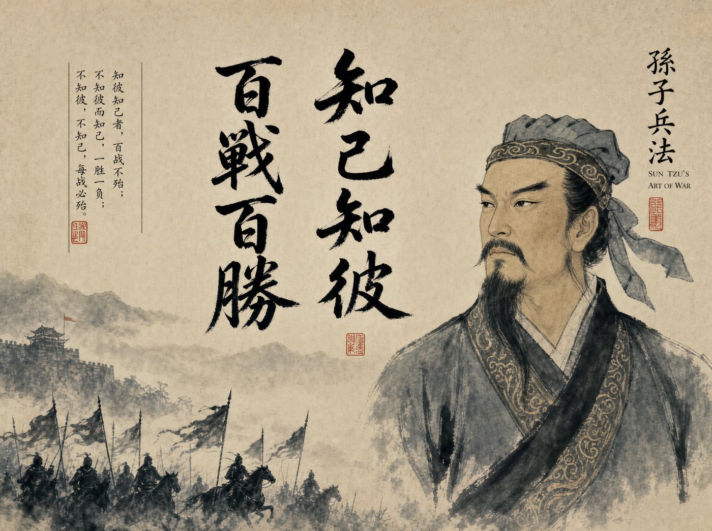 Sun Tzu — 知己知彼，百战百胜 (know yourself and know the other; a hundred battles, a hundred victories)